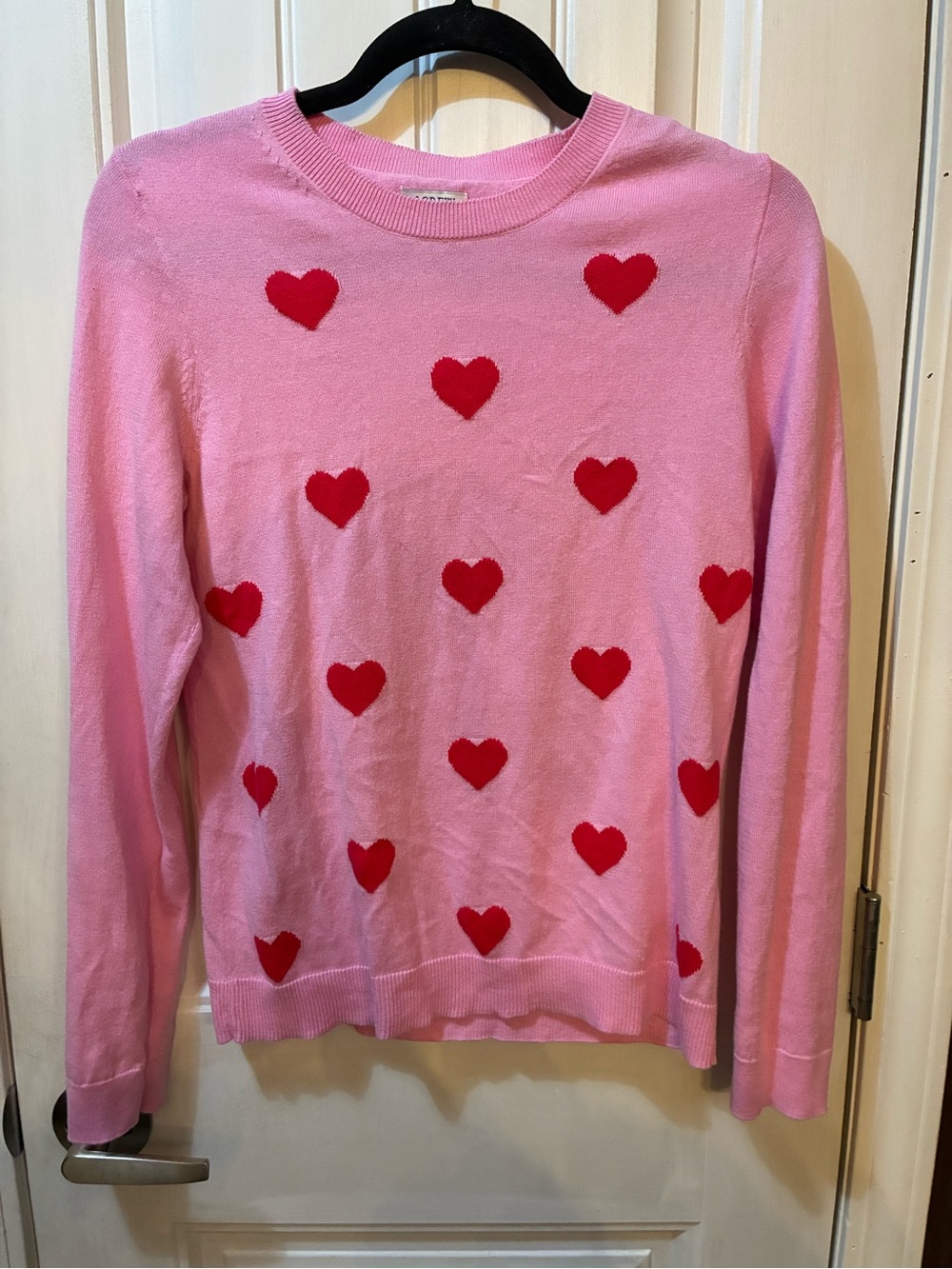 J. Crew Pink Crewneck Sweater with Red Heart Motif